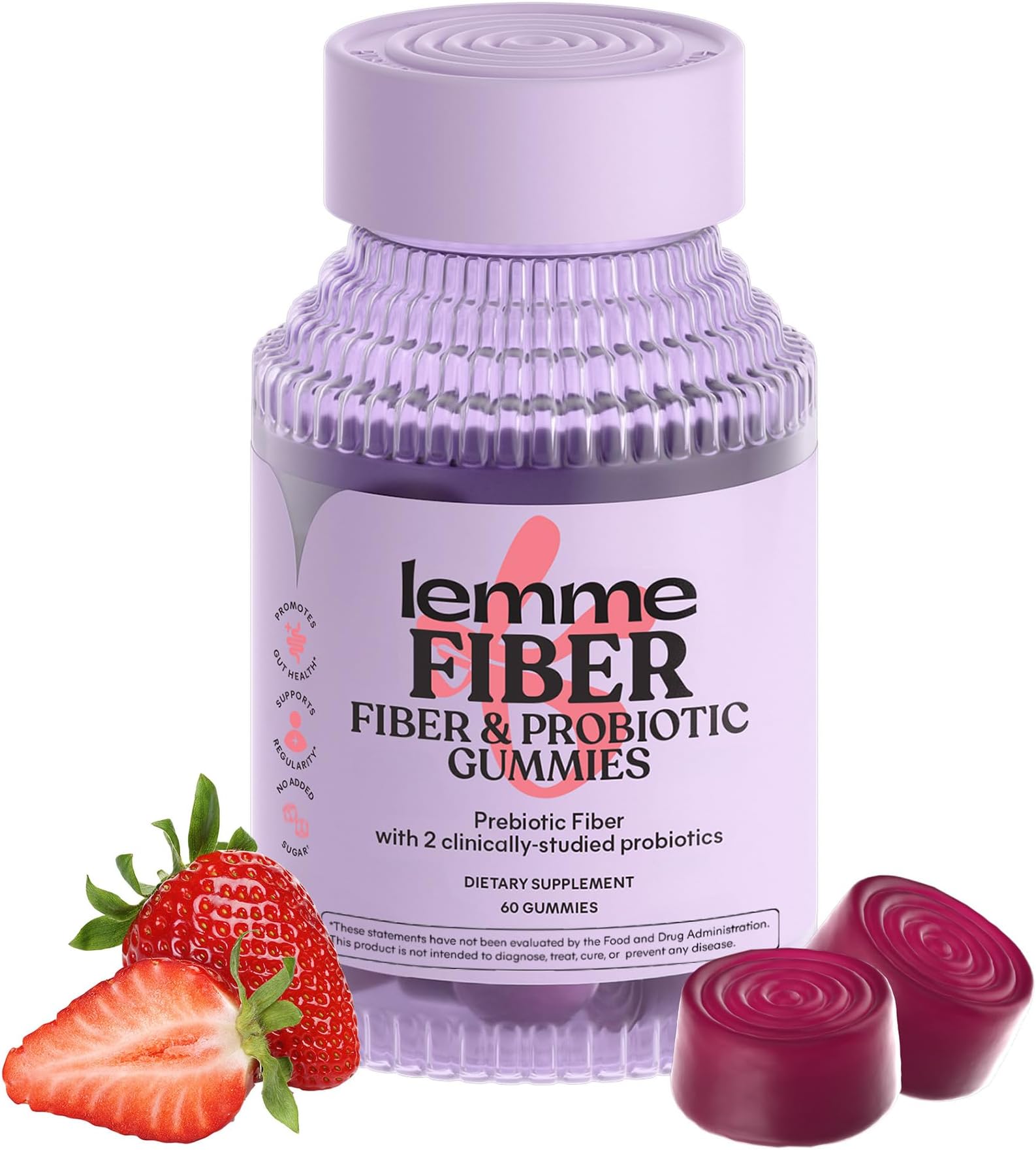 Lemme Fiber & Probiotic Gummies for Adults, Promotes Regularity & Digestive Health, No Sugar Added Strawberry Flavor, 4g Prebiotic Fiber & Clinically Studied Probiotic Strains, (60 Count)
