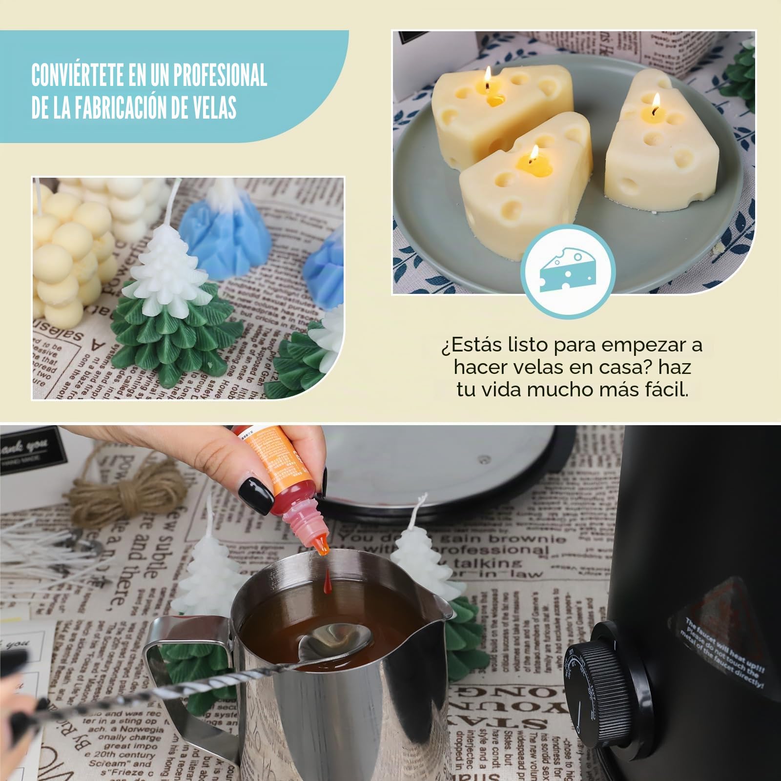 TOAUTO Fundidor de cera para hacer velas, horno de fusión de cera extragrande con boquilla de vertido rápido y control de temperatura, capacidad de cera de 12 libras para jabón de velas, limpieza