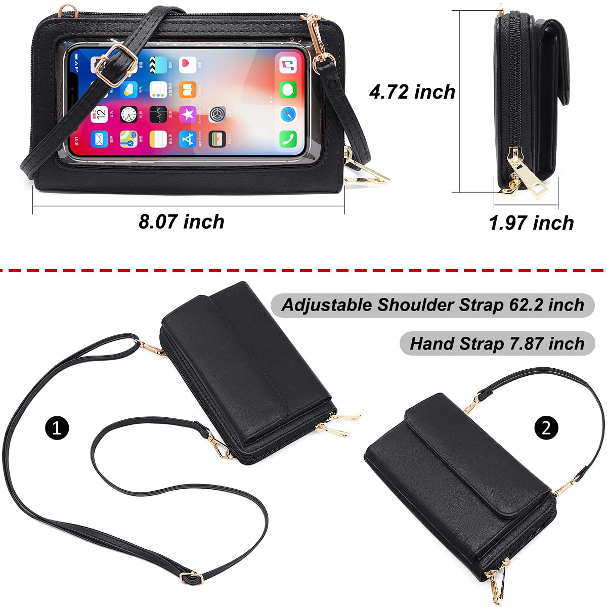 HNOOM Borsa a Tracolla per cellulare Portafoglio Donna Bloccaggio RFID Borsa Piccola Tracolla Donna Portamonete Portafoglio a Tracolla Borsa Porta Cellulare con Finestra Touch Screen