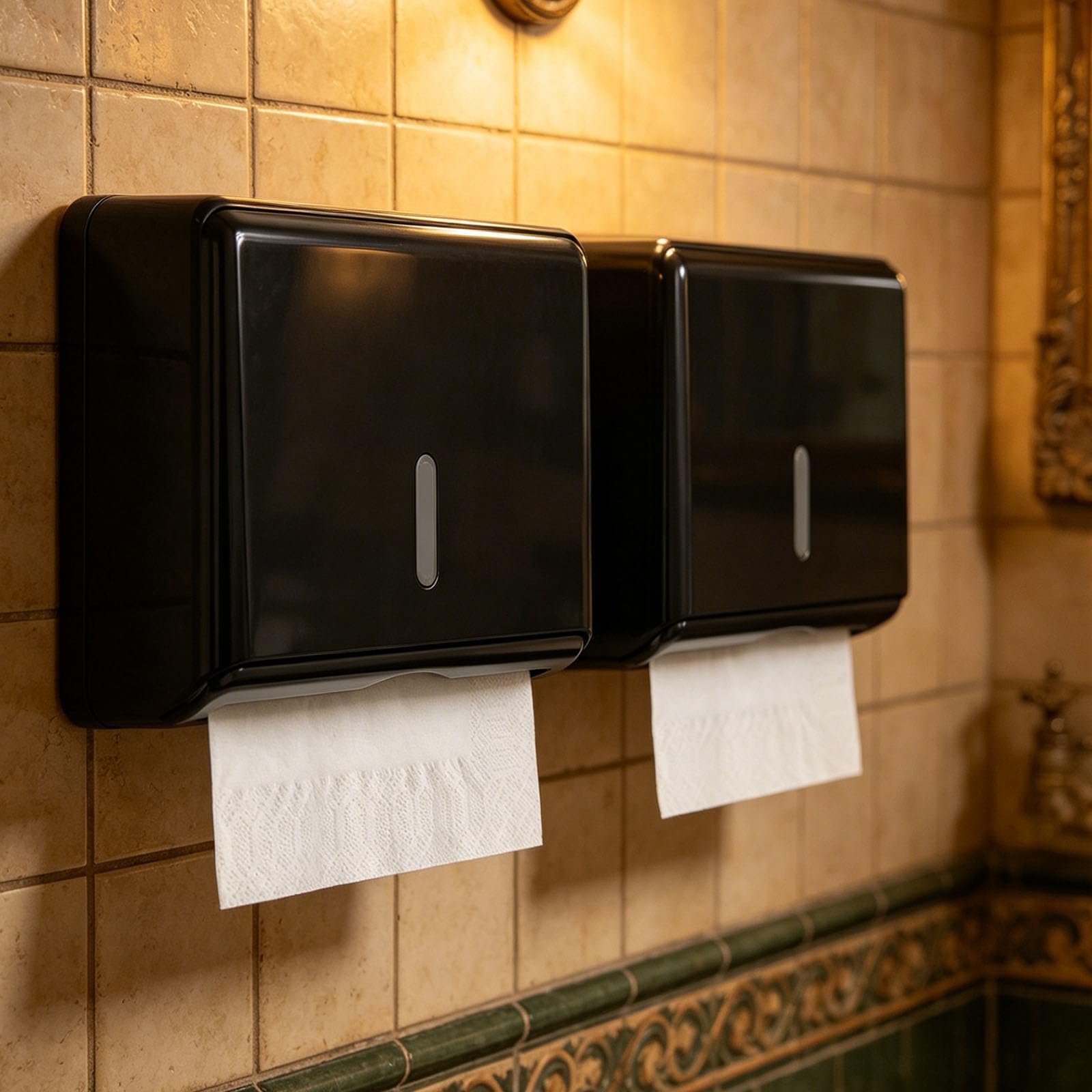 2 Pcs Wall Mounted Paper Towel Dispenser, Black Hand Towel Dispenser for C-Fold & Multifold Tissue, No Drill Commercial Washroom Paper Box with Viewing Window for Bathroom & Office, Holds 200 Sheets