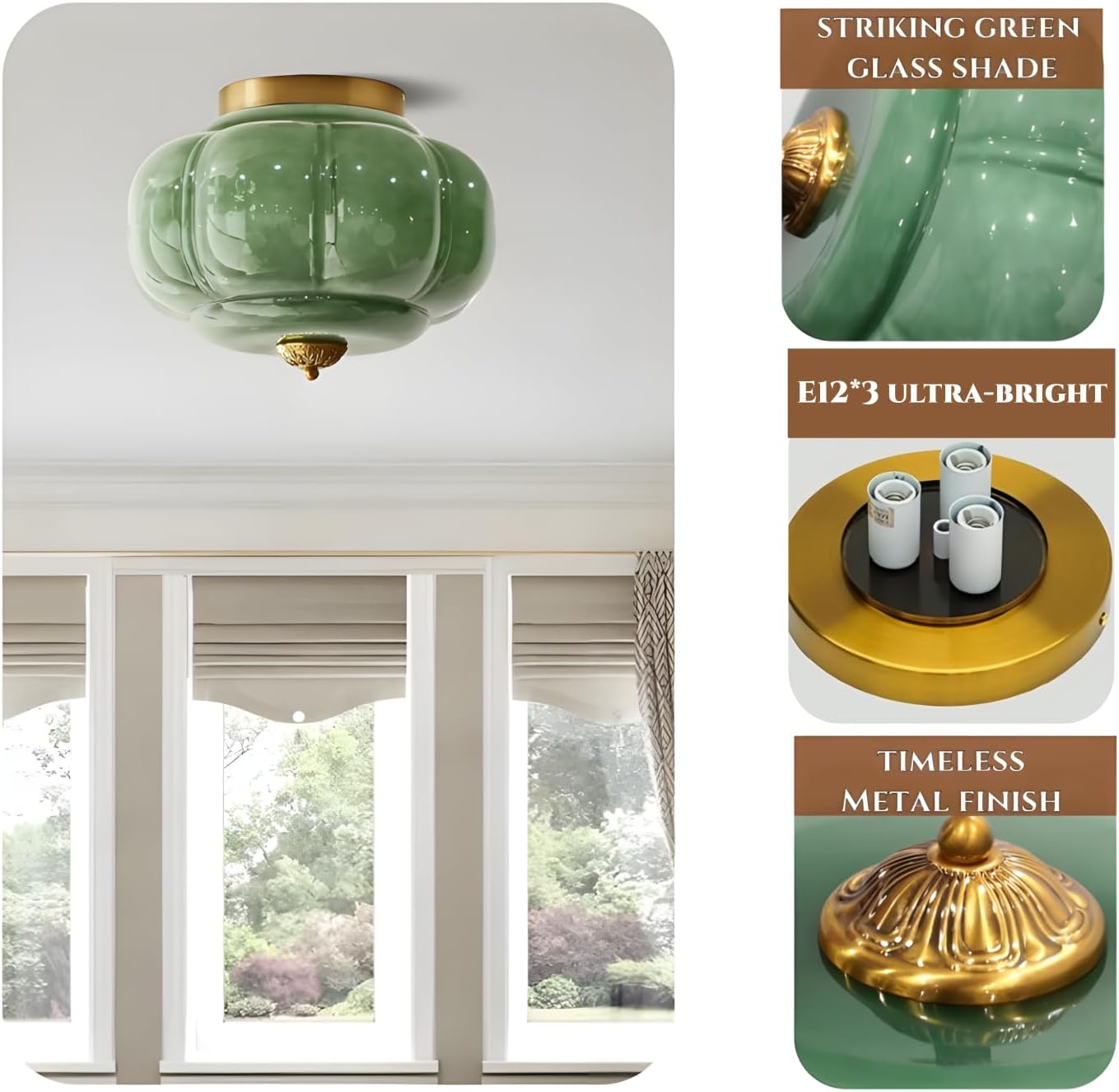 Bofea-Mid Century Semi Flush Mount Ceiling Light Fixture,Green Glass Hallway Light,Vintage Gold Ceiling Light,Antique Brass Lighting Fixture,Close to Ceiling Lamp for Kitchen Entryway Bathroom