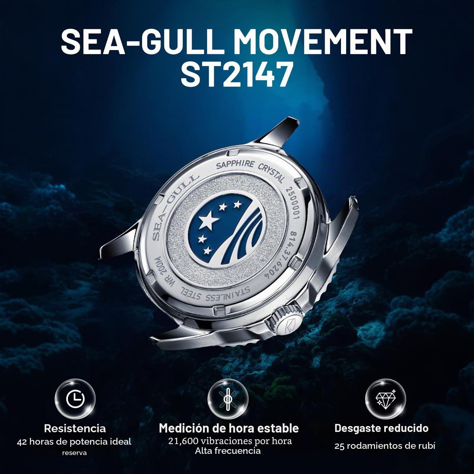 SEA-GULL Reloj de buceo mecánico automático para hombre, resistente al agua hasta 200 m, reloj de pulsera con calendario luminoso, 40 mm, serie Ocean 6204