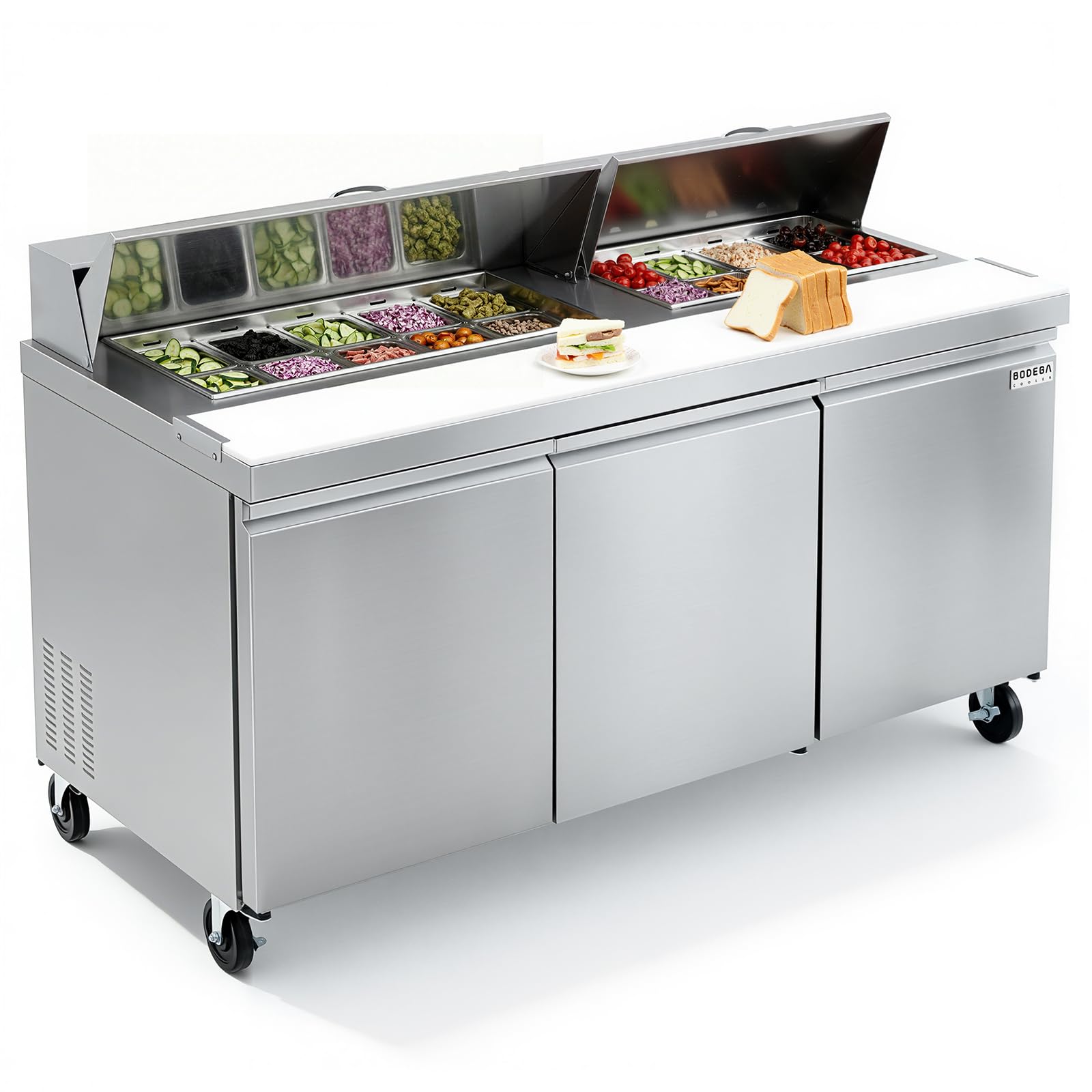 BODEGACOOLER 72" W Sandwich Prep Table Refrigerator,16.27 Cu.Ft Commercial Refrigerator Stainless Steel, 3 Door Pizza Prep Table Station with 18 1/6 Pans for Food Truck,Hotel,Restaurant,Kitchen