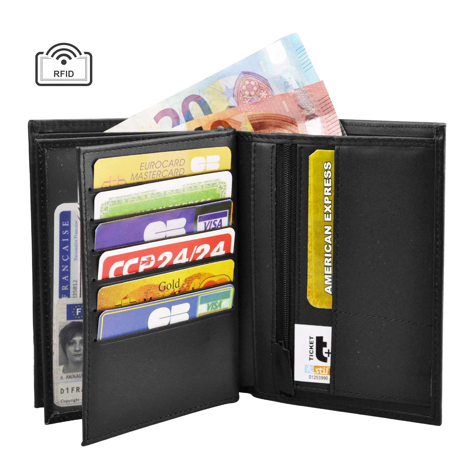 Charmoni - Max - Grand Portefeuille - Portefeuille Homme - Anti piratage Protection RFID Blocage - 4 Volets - Cuir Vachette - 22 Carte Bleu - Rangement complèt (Cuir Vachette, Noir)