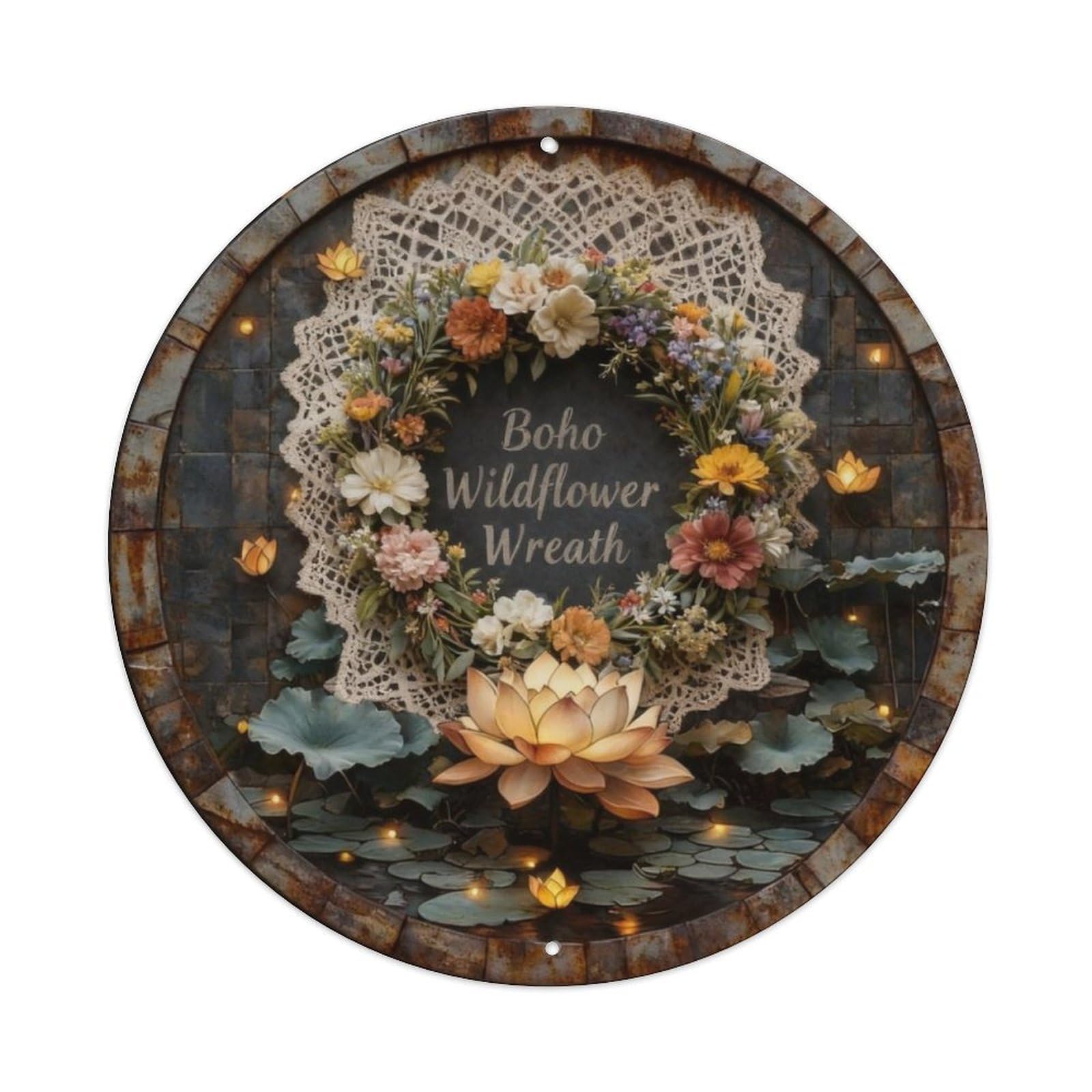 Boho Wildflower Wreath Metal Tin Sign Plaque