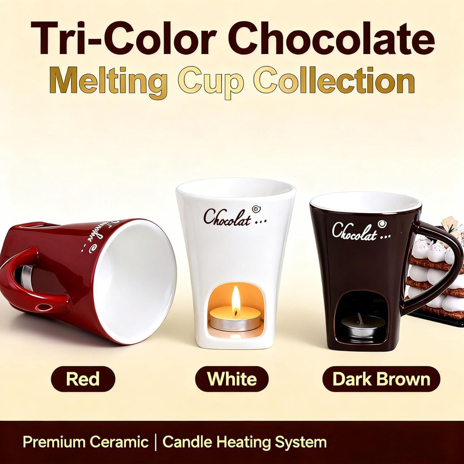 Chocolate Fondue Mug, Mini Ceramic Chocolate Melting Mug with Forks, Candle and Cup Cloth, Fondue Cup for Chocolates Cheese Desserts, Date Night Birthday Wedding Gifts (Mixed,3Pcs)