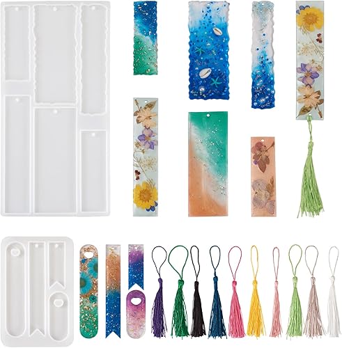 Craftdady 2 moldes de resina para marcapáginas rectangular ovalada con bandera de silicona con 20 borlas de marcador, 10 colores para fundición de