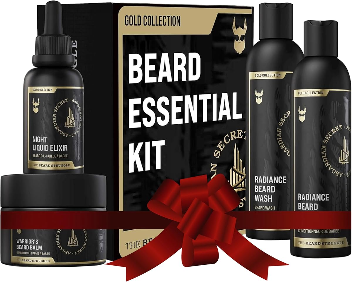 El kit de cuidado de barba para hombres The Beard Struggle incluye bálsamo, aceite, lavado y acondicionador - Colección Gold, Asgardian Secret (8.11 fl oz)