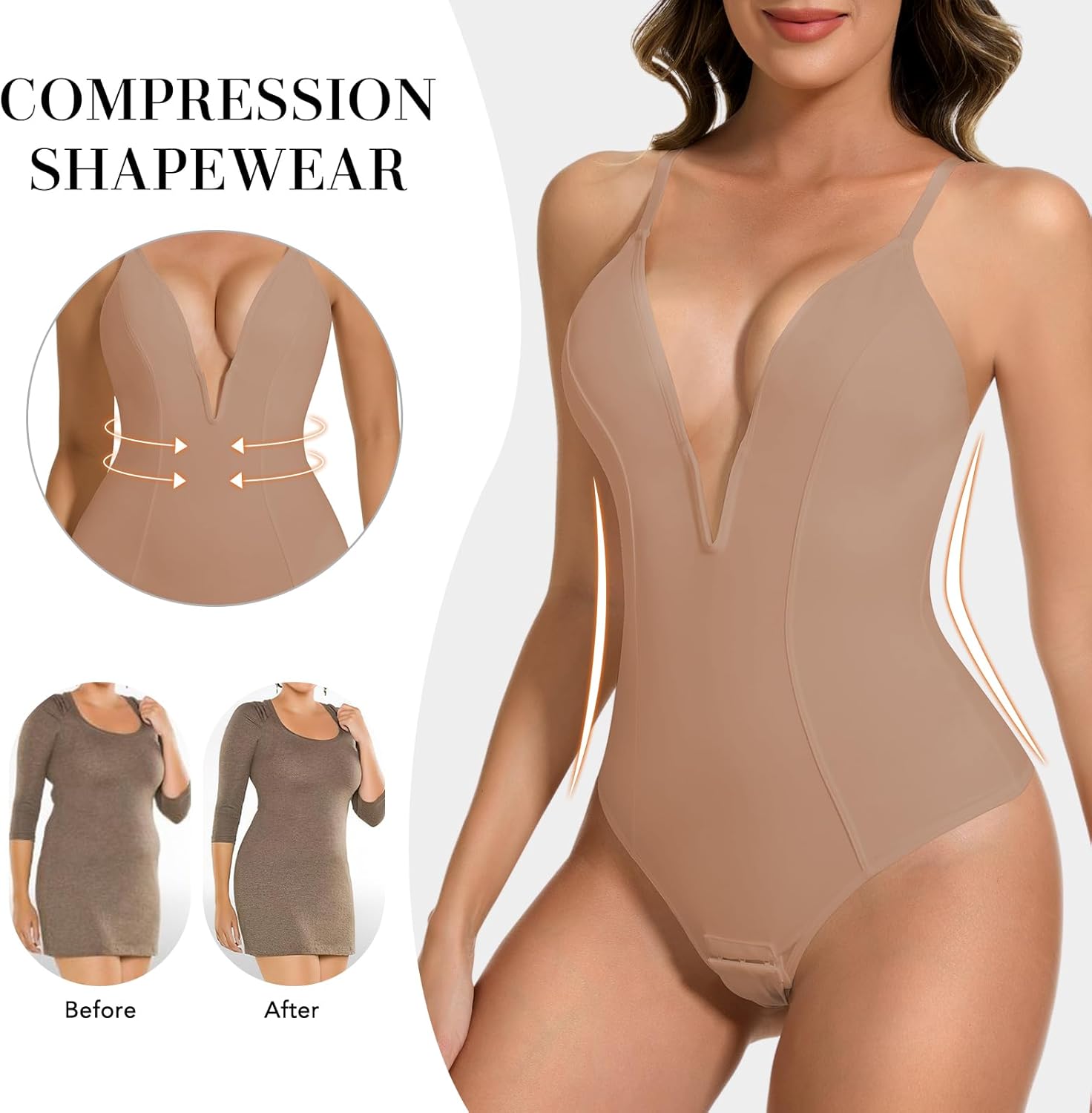 Deep V Bodysuit for Women Thong Shapewear Tummy Control Low Back Shapewear for Women - Image 3