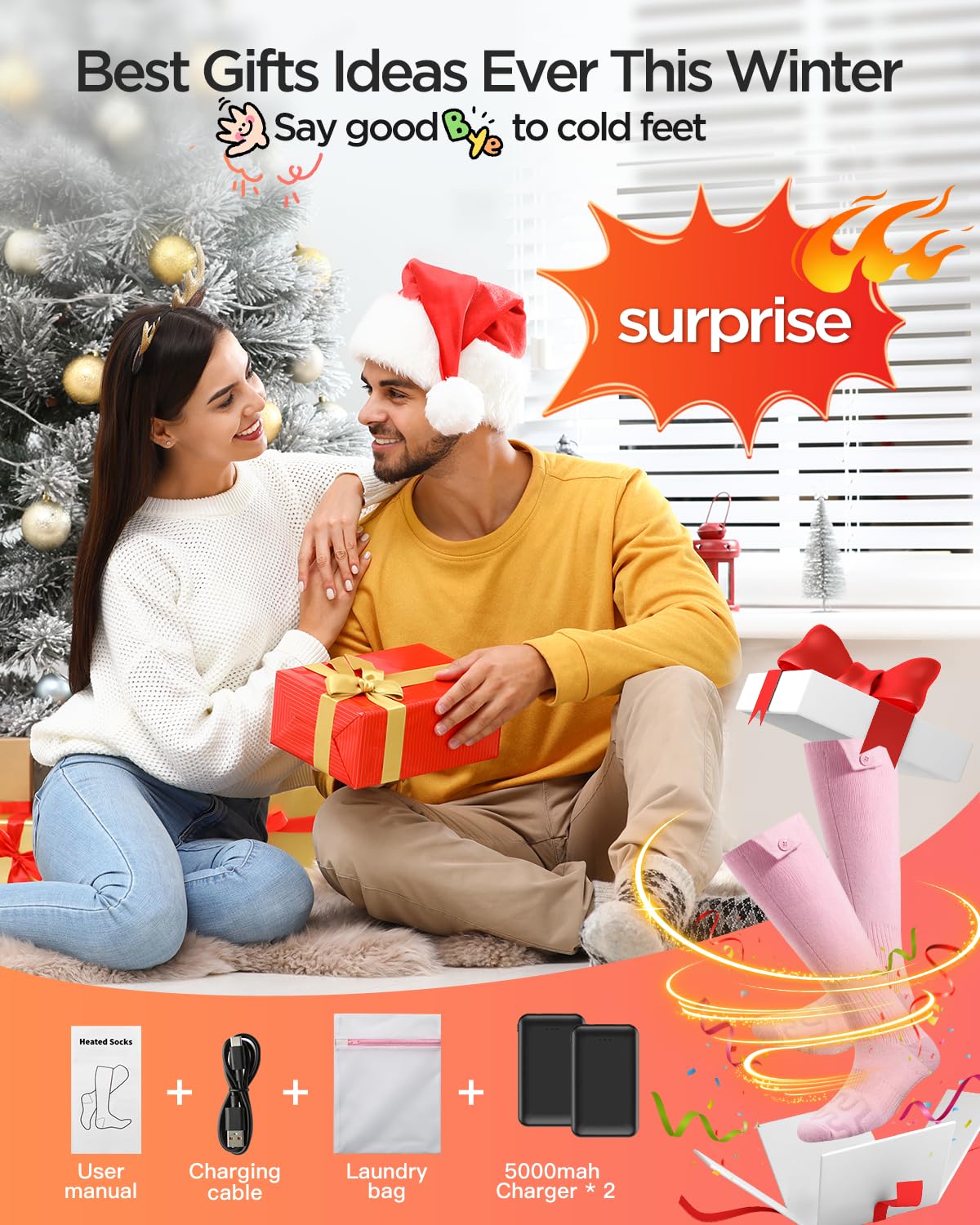 Calcetines Calefactables, [Militar Calefacción Experto] 3 Ajustes de Calor, 2×5000mAh Calcetines Termicos Recargables, Calcetines Calefactables Mujeres Hombres hasta 60℃ para Senderismo Caza Esquí