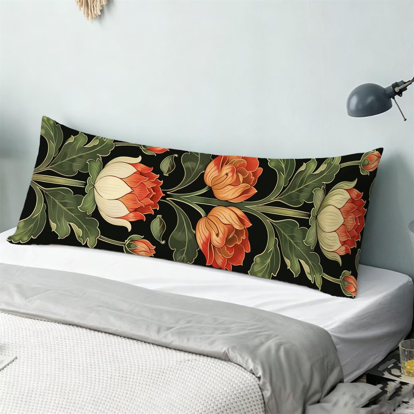 Funda de Almohada 60 x 180 cm Verde Protector Almohada 180 cm con Cremallera Invisible, Lino Durable y Transpirable Pillow Case Largas Rojo Impresión a Doble Cara para Cama, Sofá y Dormitorio dg-624