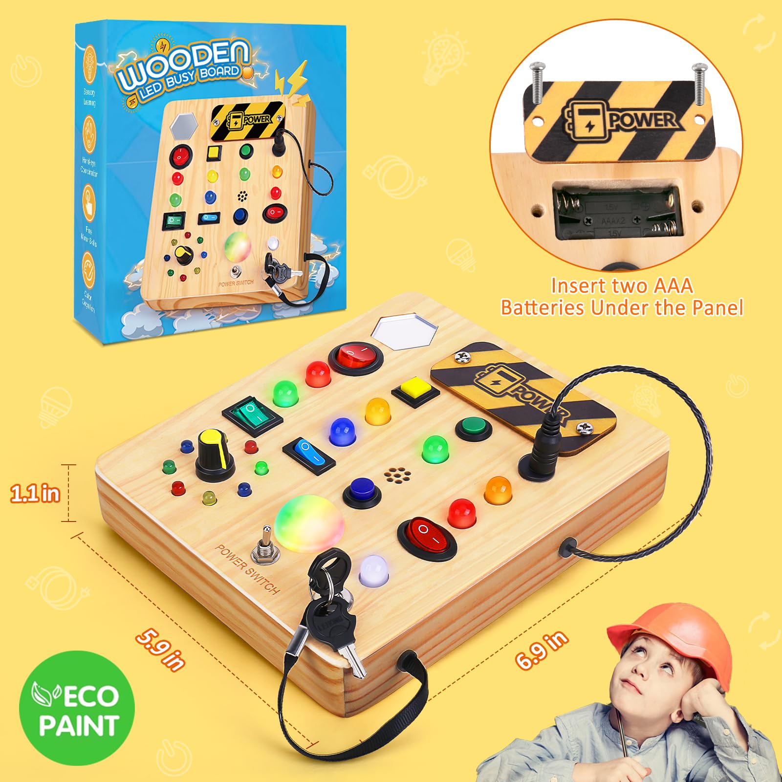 Tablero de actividades con luz LED, juguetes sensoriales de madera para niños pequeños, juguete musical Montessori para avión, actividades de viaje, juguetes educativos para el autismo, 8