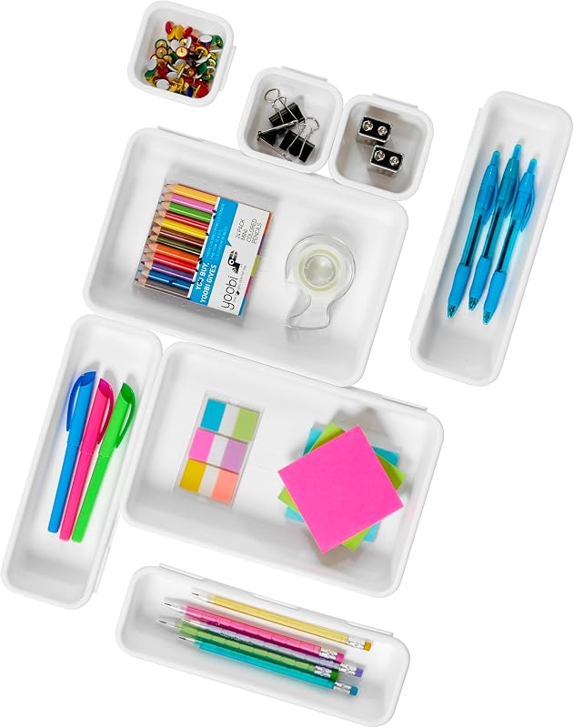 Classic 8 Piece Interlocking Bin Set, White | rounded corners, modular layout, mixed sizes, custom fit, office craft supplies, woman owned
