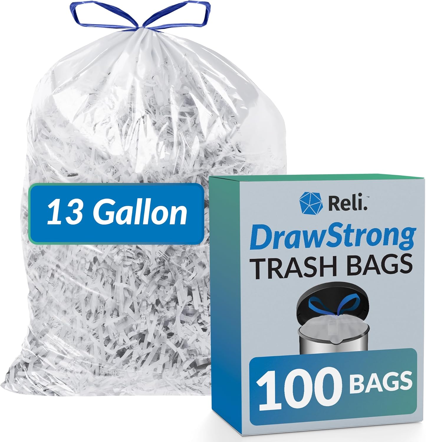 Reli. 13 Gallon Trash Bags Drawstring (100 Count) | Tall Kitchen Garbage Bags, Unscented | Ideal for Kitchen, Home | Clear Recycling Can Liners w/Drawstring