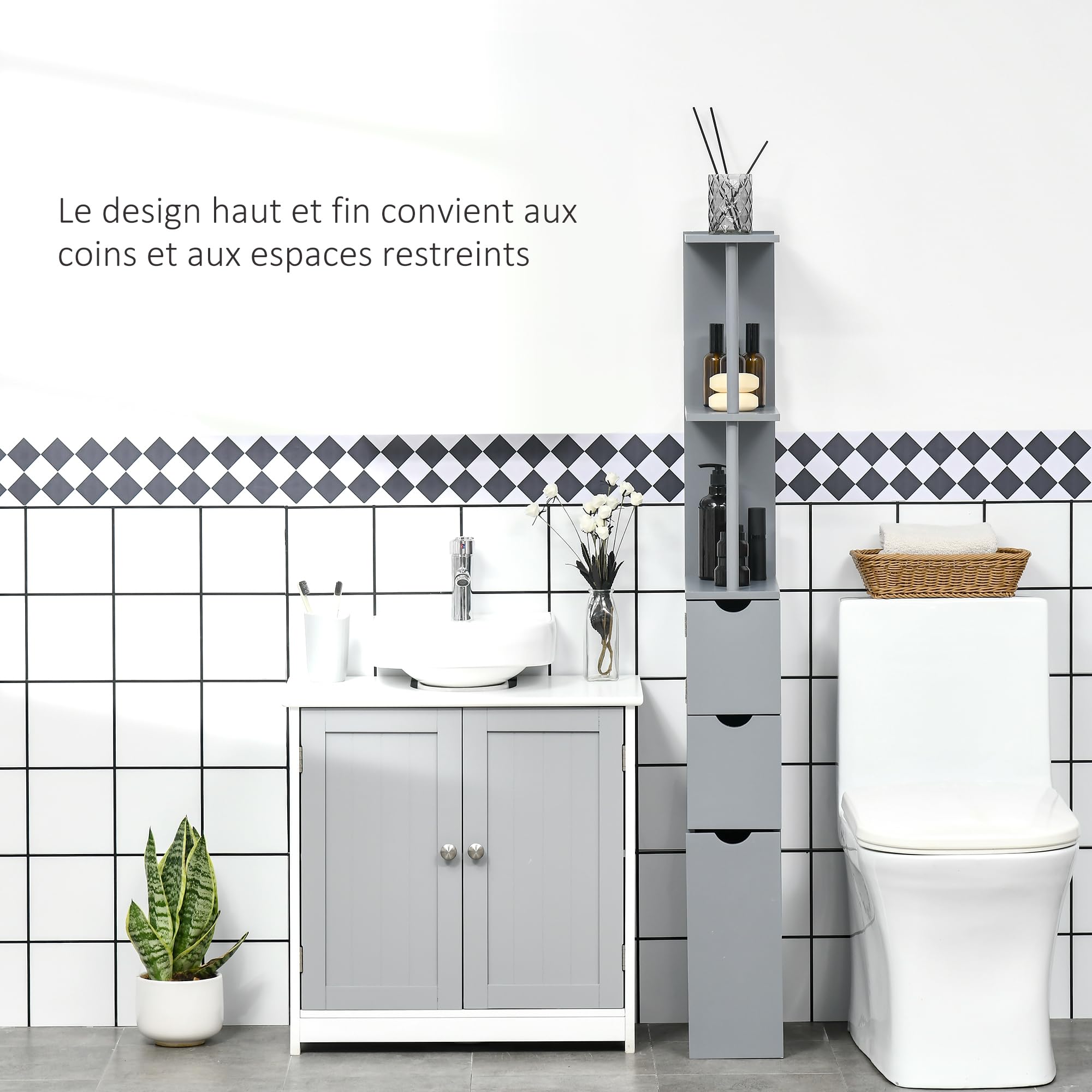 HOMCOM Meuble Colonne Salle de Bain avec Tiroirs 15 x 33 x 136,8 cm Gris | Armoire de Salle de Bain, Étagères Ouvertes, Placard