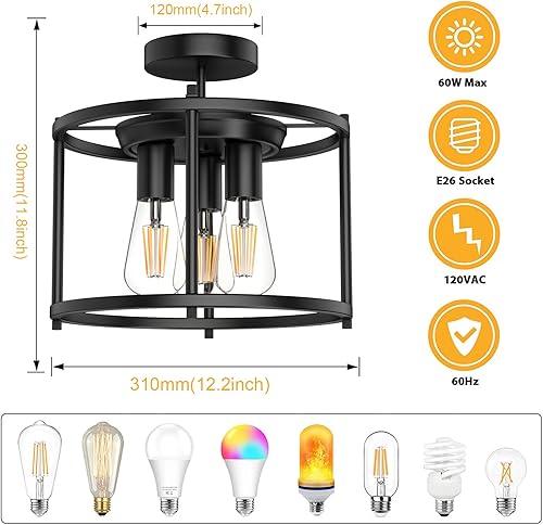 Miniatura 5 de Lámpara de techo semiempotrada de granja, lámpara de techo industrial negra para cocina, estilo rústico, vintage, montaje en techo, 3 luces, lámpara