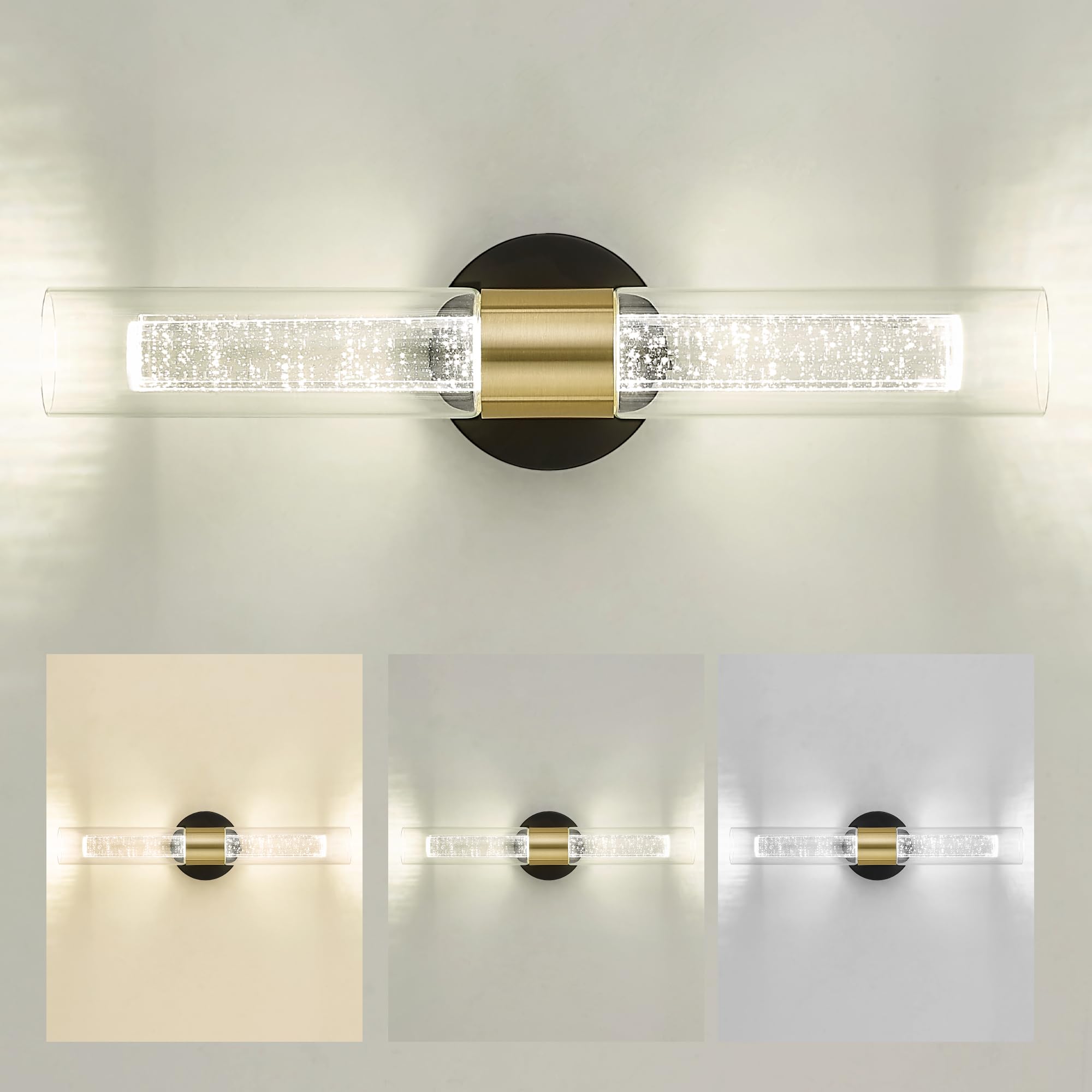 kudos Black and Gold LED Vanity Light, Crystal Bubble and Clear Glass, 3CCT