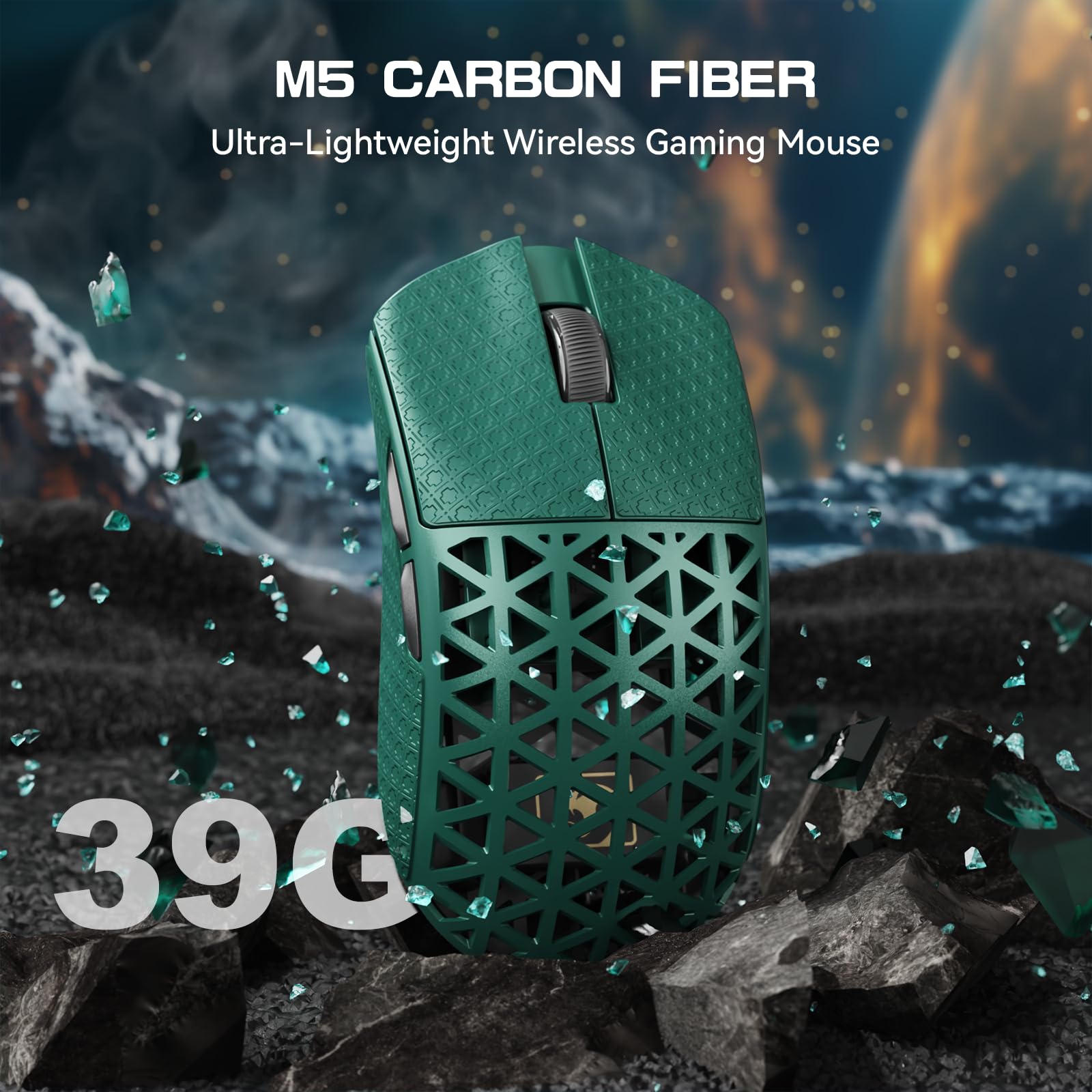 MAMBASNAKE M5 Ultra Souris de Jeu sans Fil en Fibre de Carbone 8000Hz, Jusqu'à 42 000 DPI, Capteur PAW3950 Max, Ultra-légère de 39g, Puce Nordic 52840, 2,4GHz/BT/Filaire, pour PC/Xbox/Mac - Vert