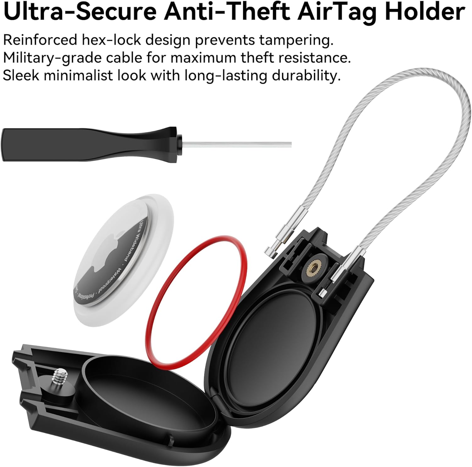 for AirTag Holder (1st & 2nd Generation) Airtag Lock Case with Wire Cable, IPX8 Waterproof, for Luggage, Key Ring Key Chain Luggage tag Backpack (4 Pack-Black, Orange, White, Blue) - Image 7