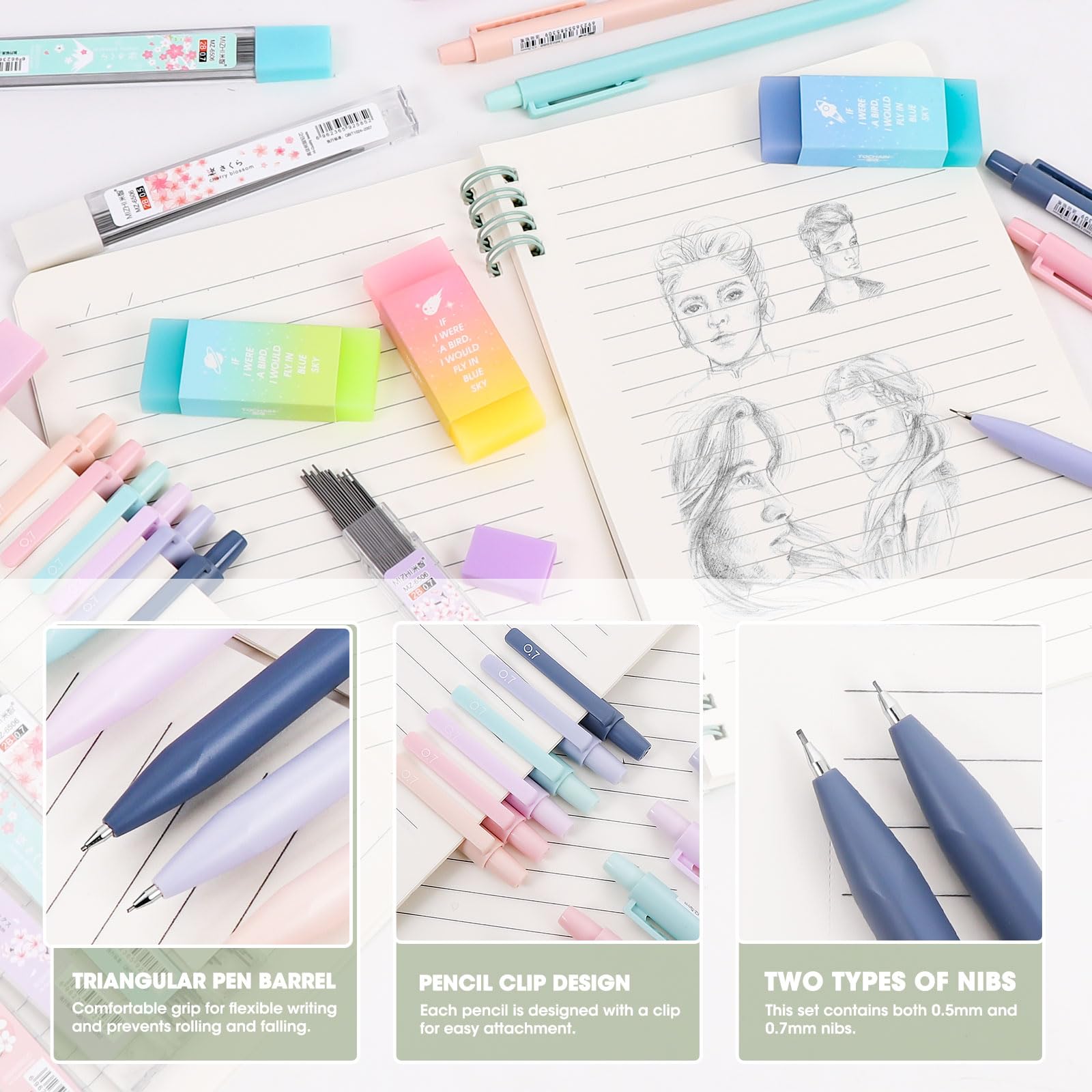 YIBONIKA 69 PCS Aesthetic School Supplies with Green Pencil Case, 12 Pastel Highlighters, 5 Gel Pens - Image 4