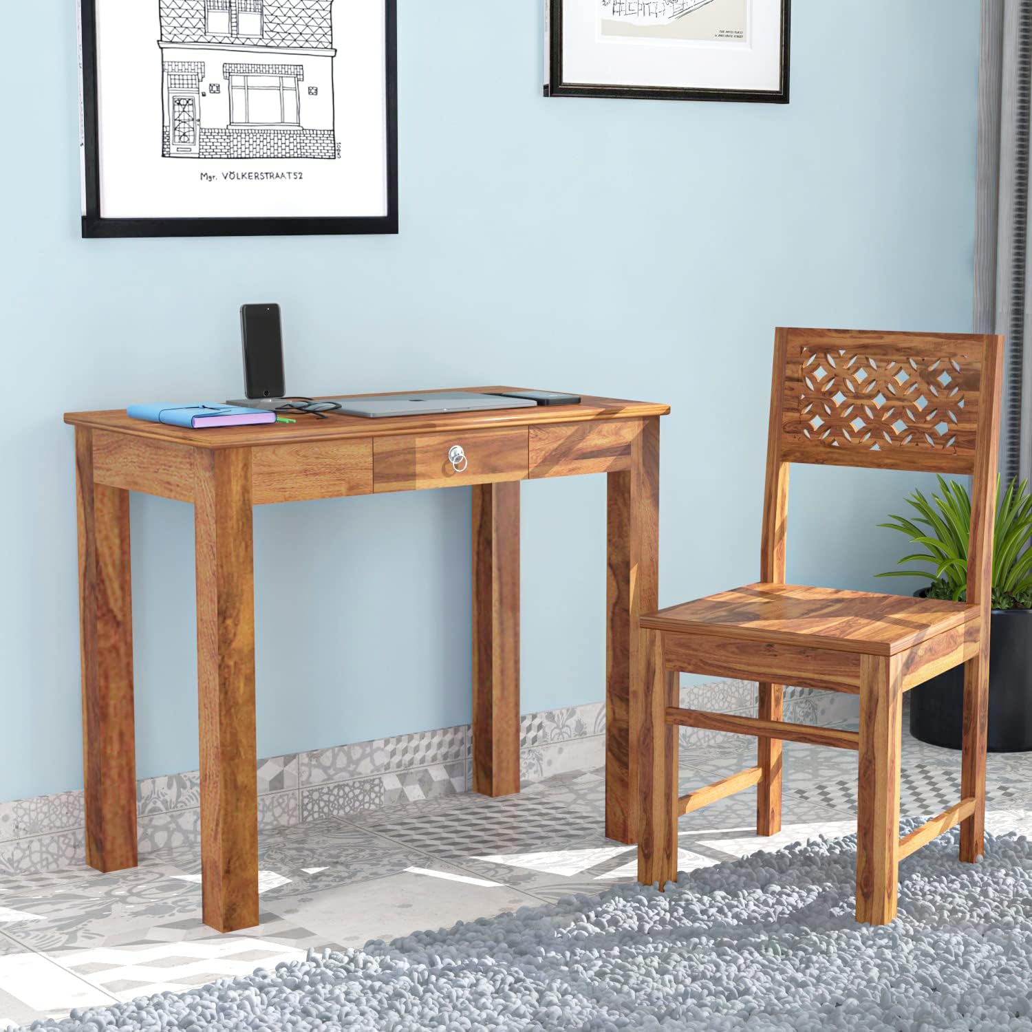 Solid Sheesham Wood Study Table with Chair for Study Room, Study Table for Students, Workstation Table, Computer Table,Laptop Table - Teak Finish