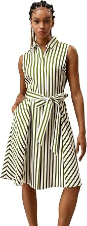 LilySilk Silk Striped Sleeveless Dress for Women with Belt Pockets Casual Pinstriped Shirtdress Ladies Summer