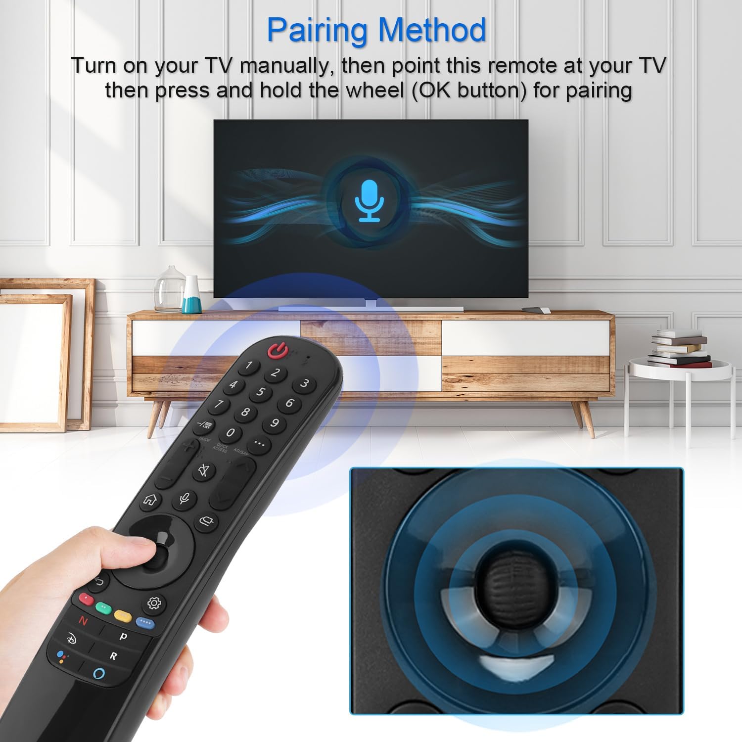 Illustration of the pairing method, showing a hand holding the remote and pointing it at a TV, with a close-up of the scroll wheel/OK button