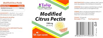 Tulip BioPharma Modified Citrus Pectin (MCP) 500mg 120 Vegan Capsules, 90% Galacturonic Acid, 3rd Party Lab Tested, High Strength Supplement, Gluten and GMO Free