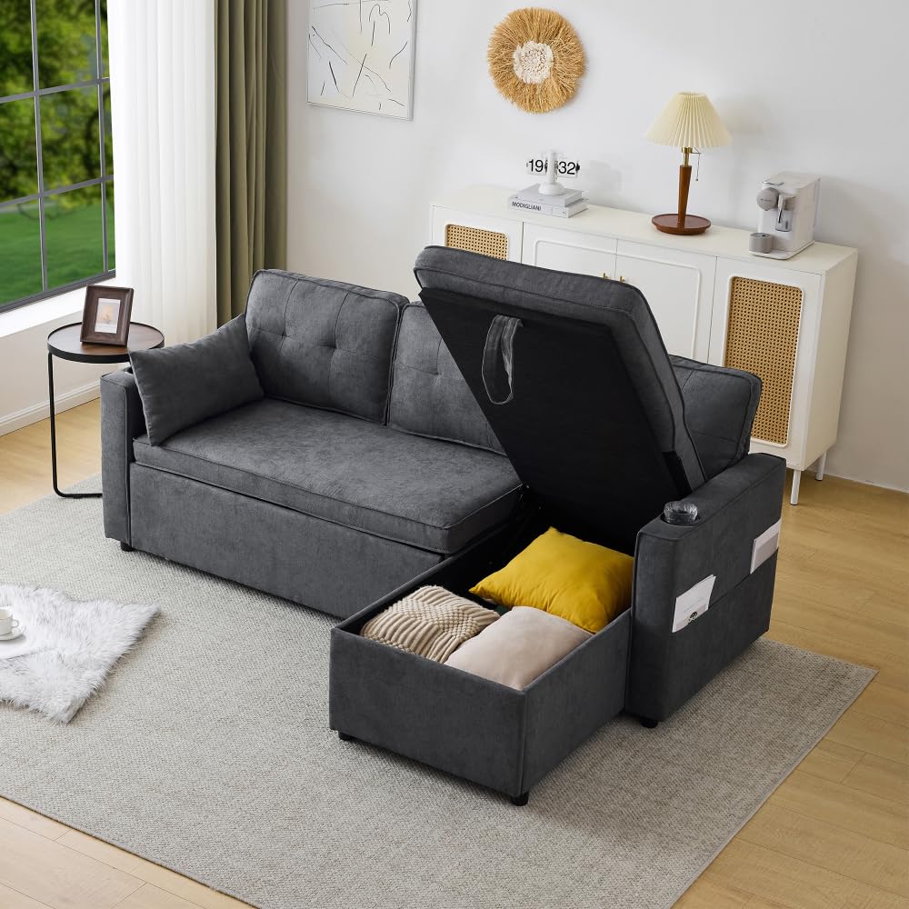 Sofá cama 3 plazas, sofá cama con función de sueño, sofá cama de una plaza y media en L, sillón salón con almacenamiento, con portavasos