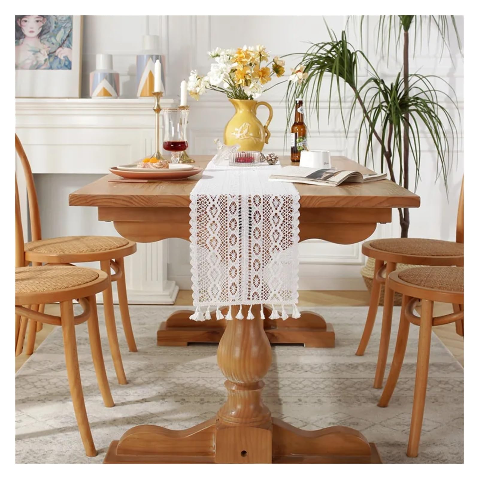 Runner Da Tavola Runner Da Tavolo In Cotone E Pizzo All'uncinetto Con Nappe, Decorazione For La Tavola Di Nozze For Casa(Beige,24X300cm)