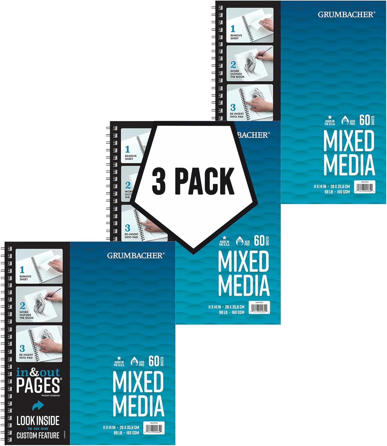 Grumbacher 5.5" x 8.5" Mixed Media Paper Pad with in & Out Pages, 98 lb. / 160 GSM, Side Wire Bound, 60 White Sheets/Pad, 3-Pack