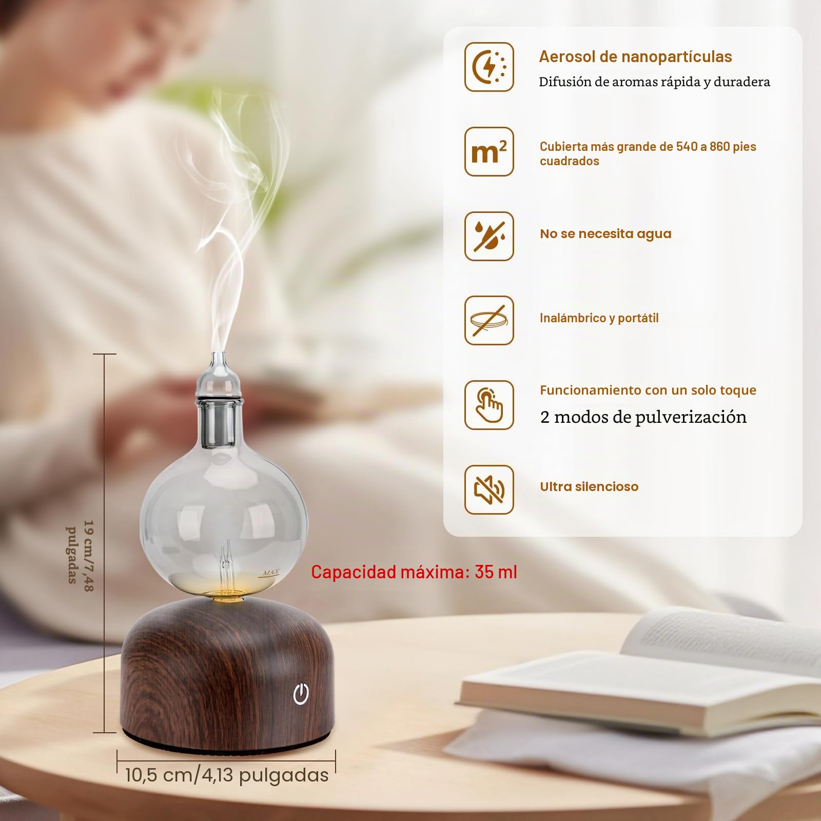 Lychee Difusor de Aceites Esenciales Inalámbrico Sin Agua, Funciona con Baterías, Difusor de Aromaterapia, Difusor de Aromaterapia, Enfriador Nebulosa con 2 Modos, Inicio Ciclo, Para Habitaciones de