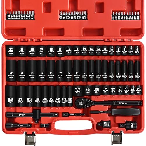 3/8" Drive Impact Socket Set, 90 Piece Metric Socket (6-22mm) and Standard SAE Size (5/16-15/16 inch) 6 Point, with 72-Teeth Ratchet Wrench, Mechanics Tool Kit for Automotive Repair