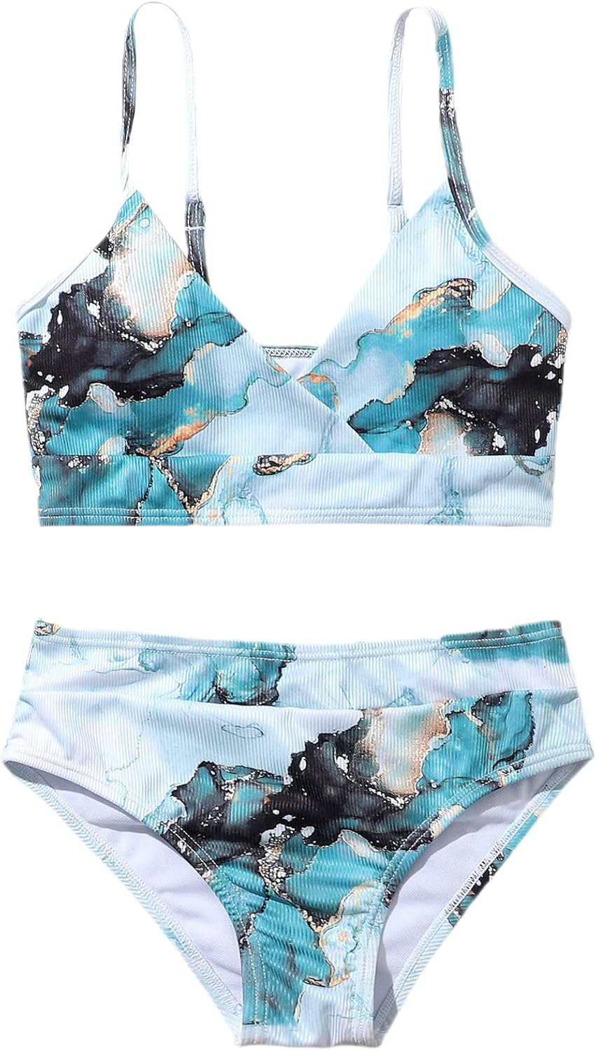 SOLY HUX Girl's Spaghetti Strap V Neck Printed Bikini Bathing Suits 2 Piece Swimsuits