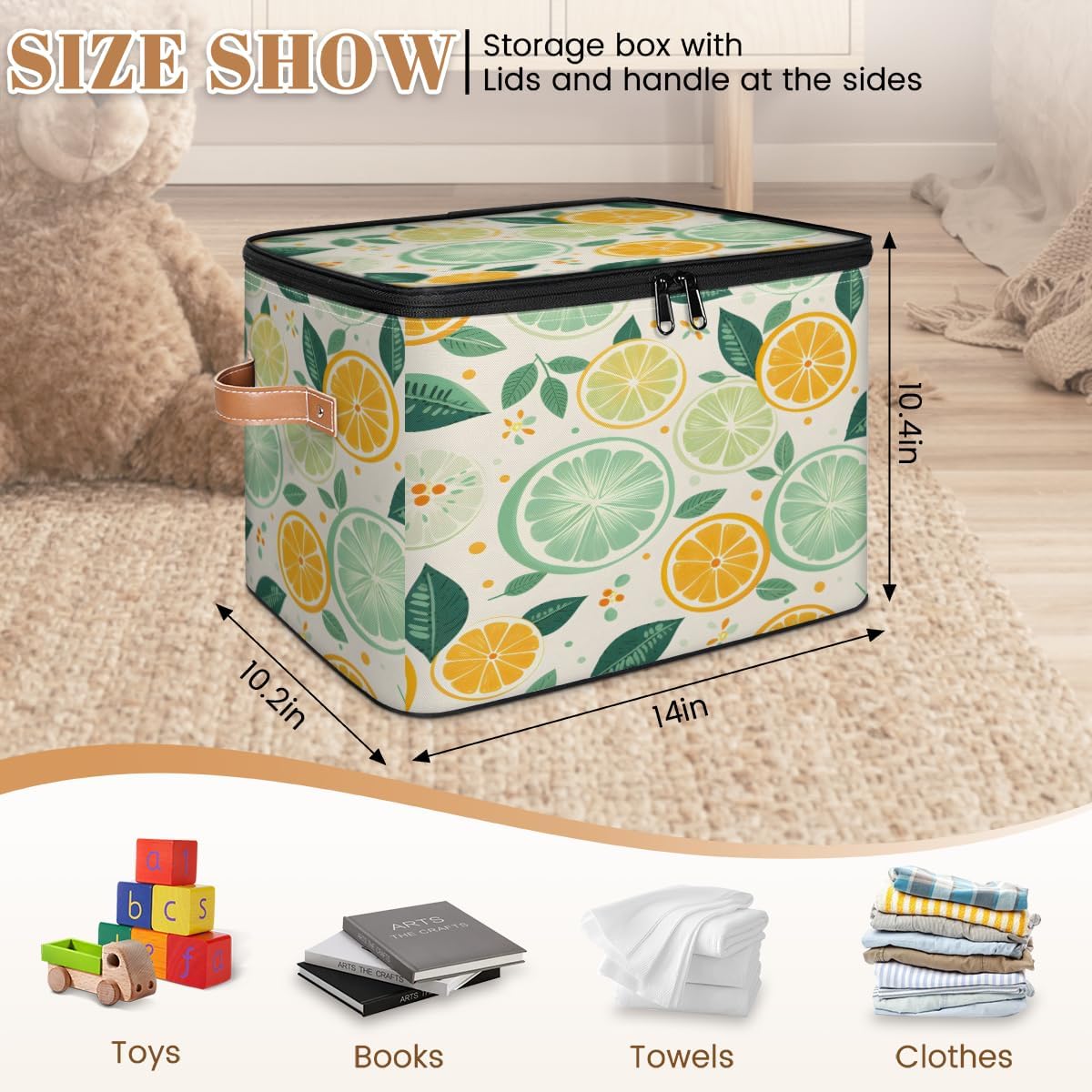 Storage Bin Set of 2 Lemon Lime Storage Basket with Zipper Lid & Handle Foldable Closet Shelf 2 Pack Cloth Organizer Basket Cube Bins Clothes Organizer for Bedroom, Nursery