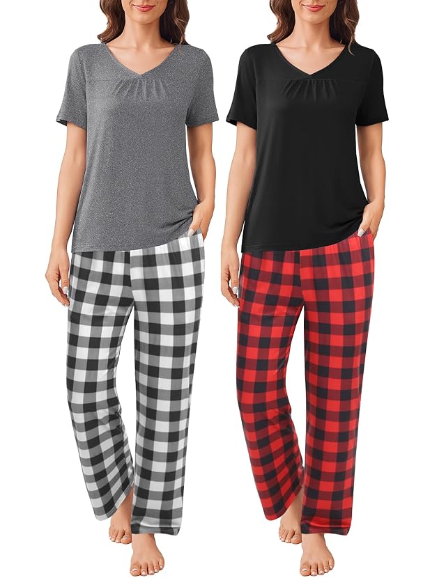 Ekouaer Pajama Sets for Women 2 Pack Short Sleeve with Long Pant Pjs Sleepwear Comfy Lounge Sets with