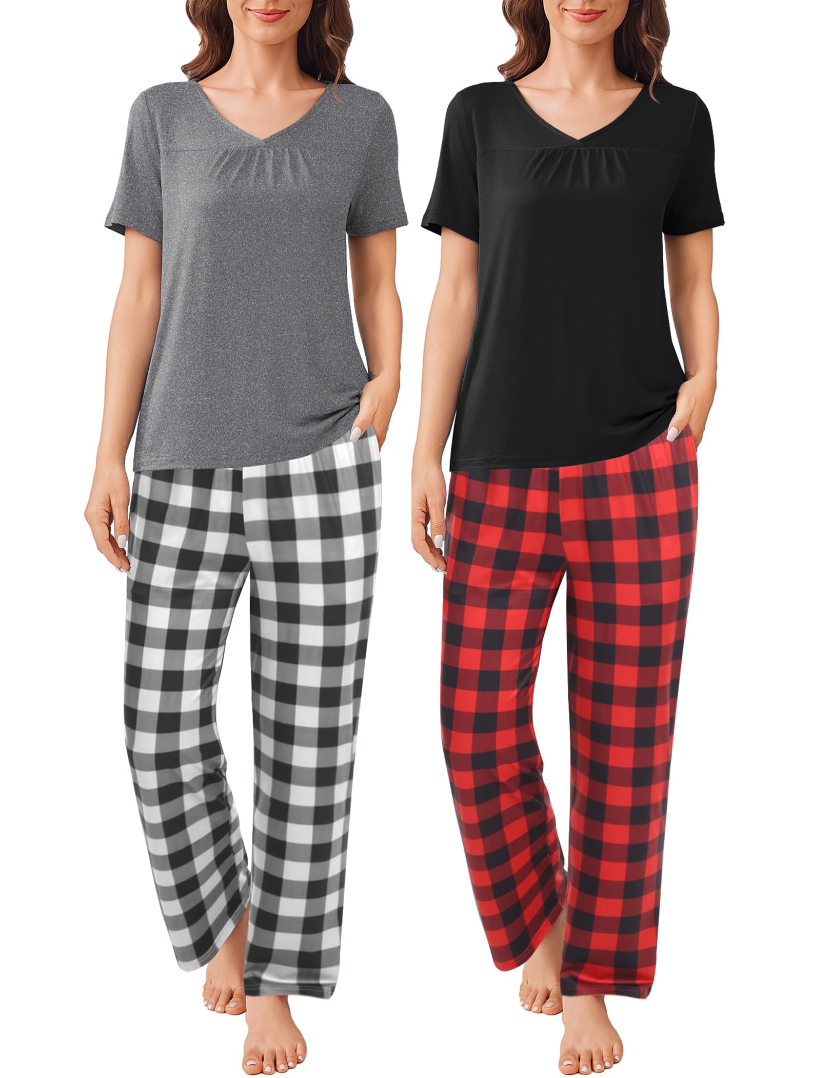 Ekouaer Pajama Sets for Women 2 Pack Short Sleeve with Long Pant Pjs Sleepwear Comfy Lounge Sets with
