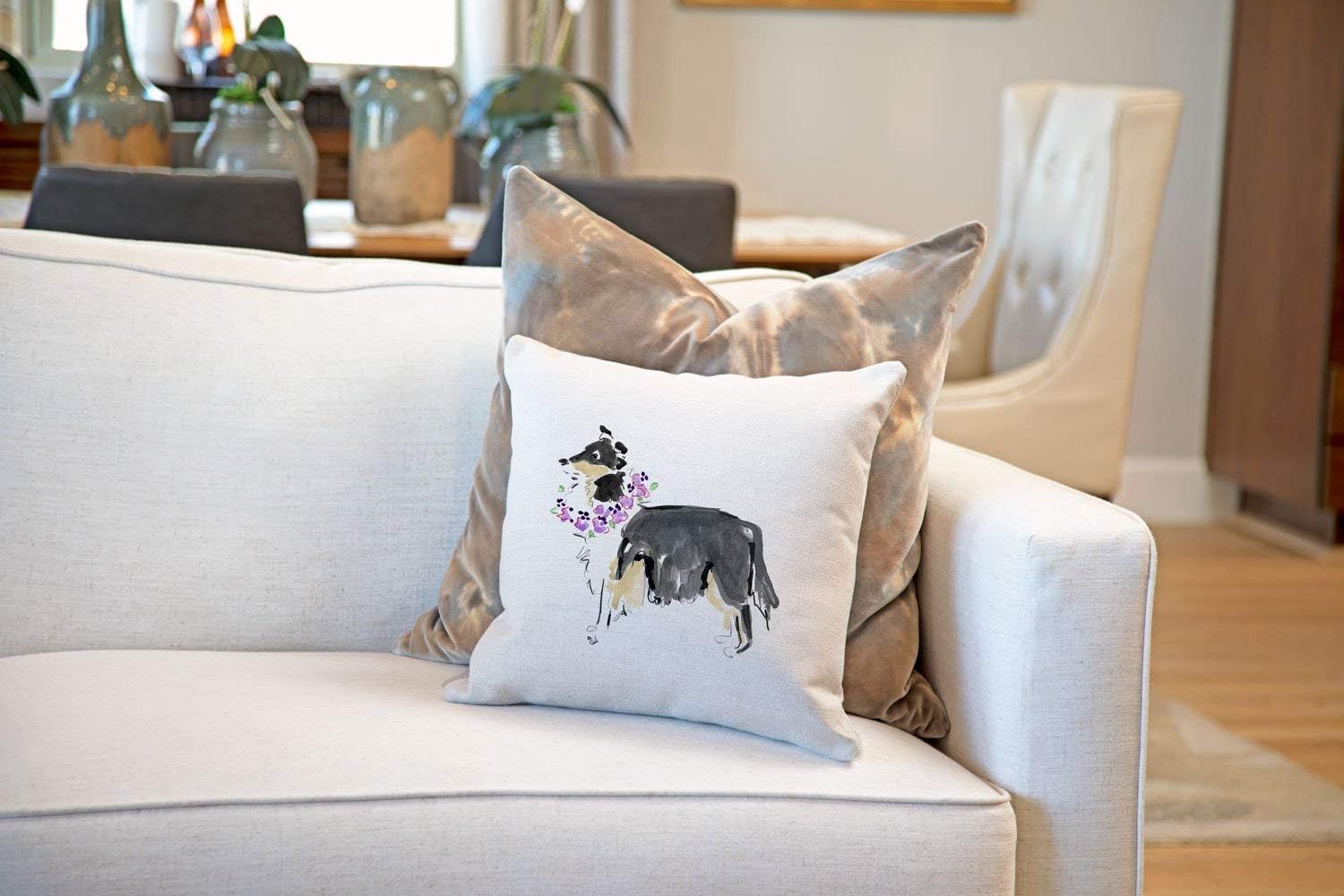 Di Lewis Dog Throw Pillow Cushion Cover - 20x20 - Decorative Black Collie - Woven Cotton Blend - for Couch Bed Sofa Pillows - Linen Cream…
