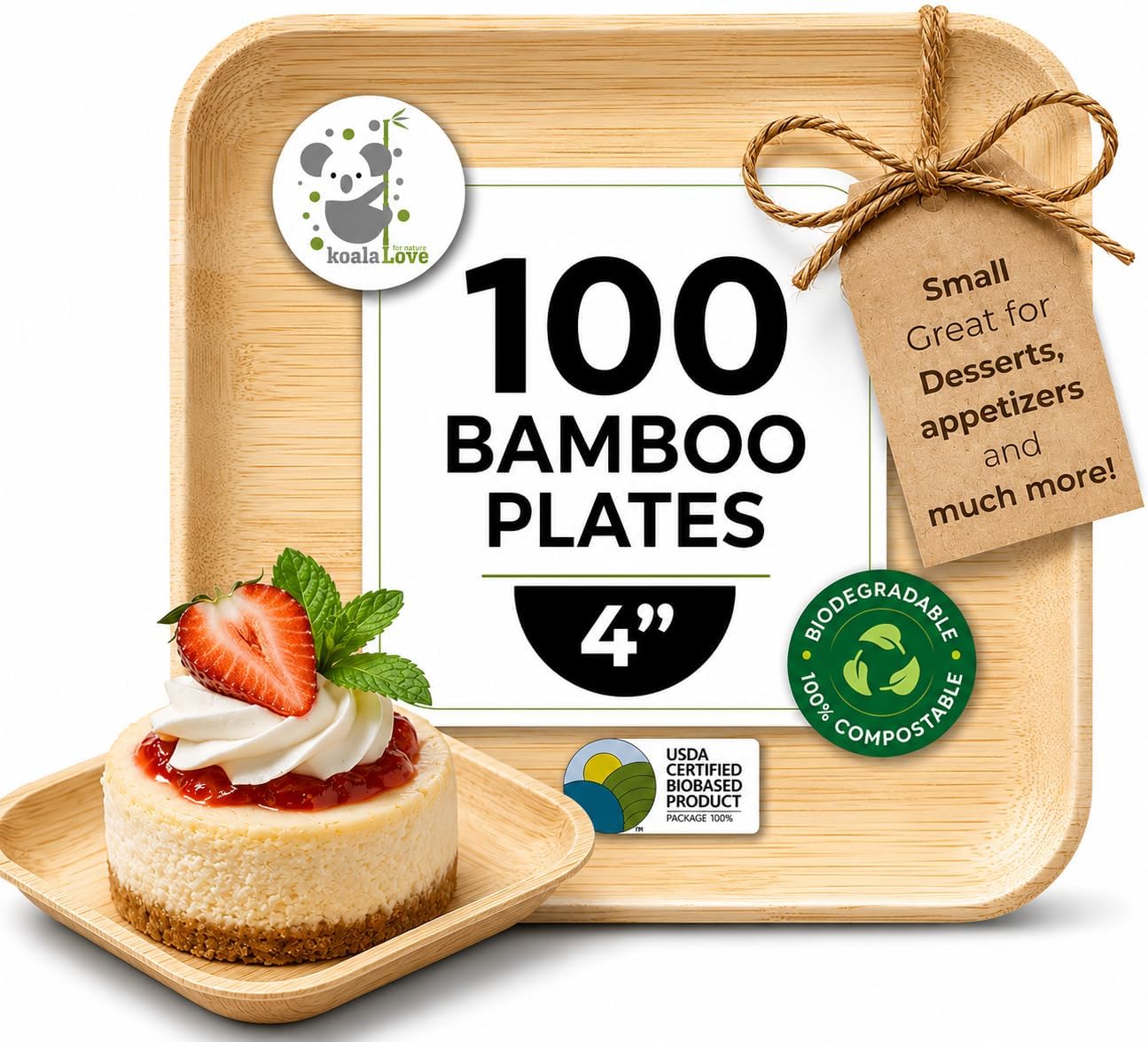 Koala love 4 Inch Bamboo Plate Disposable 100 Pack Small Dessert and Appetizer Square Party Plates Biodegradable Compostable Cocktail Better Than Paper Plate