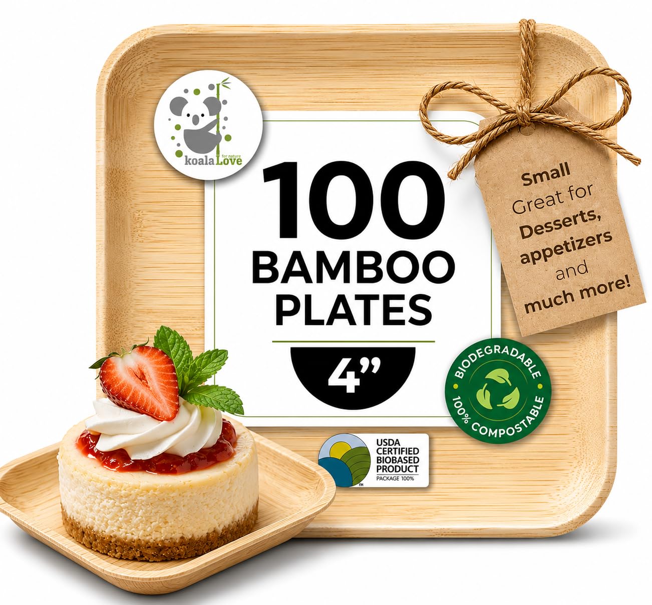 Koala love 4 Inch Bamboo Plate Disposable 100 Pack