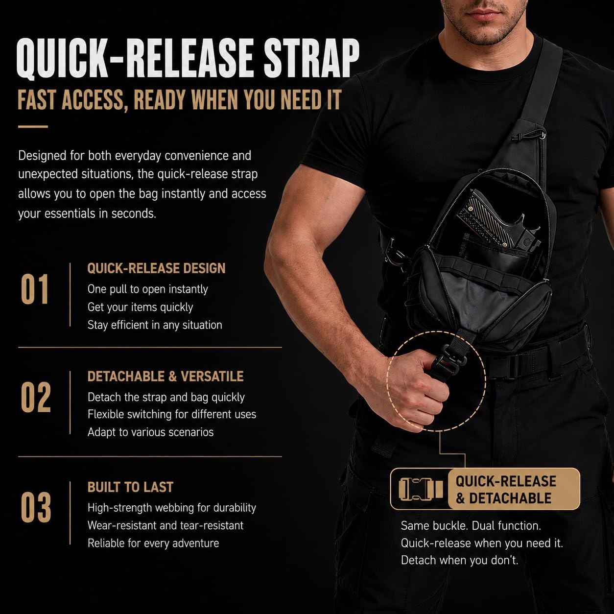 Wotony RFID Blocking Tactical Crossbody Bag for Men - Durable EDC Sling Shoulder Bag with Multi-Pocket Storage (Black, Medium)