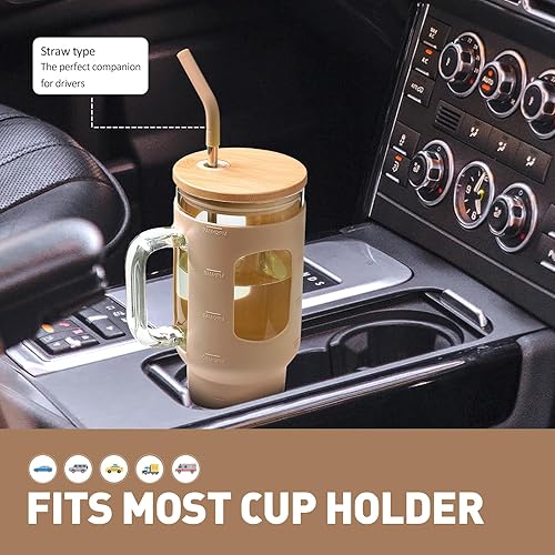 Miniatura 5 de Vaso de vidrio con popote y tapa, taza de vidrio de 40 oz con asa, botellas de agua de vidrio con marcador de tiempo, funda protectora de silicona,