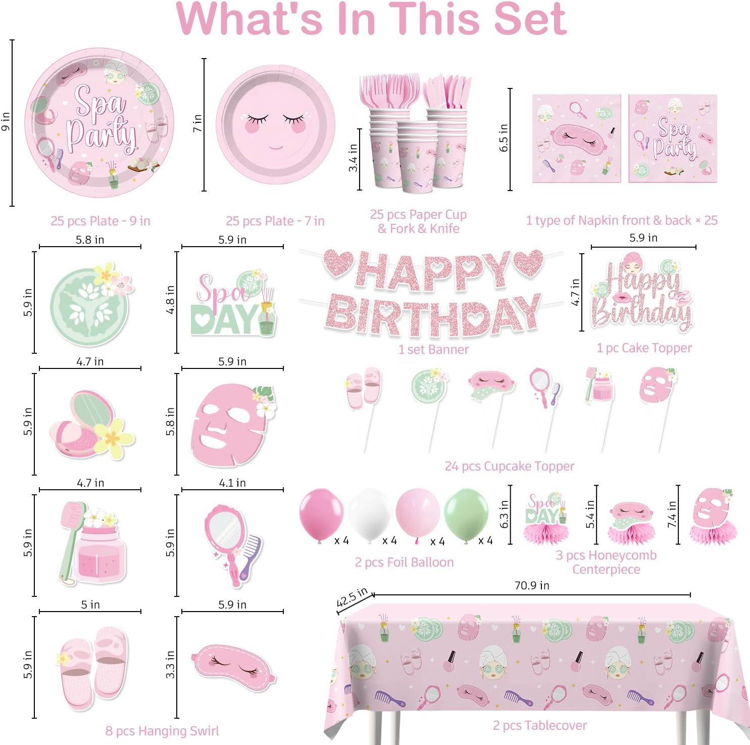 205 Pcs Spa Party Decorations Serves 25 Guests – Disposable Tableware Set with Banner, Balloons, Cake Toppers, Plates, Napkins, Tablecloth - Easy Assembly Spa Birthday Party Supplies for Girls
