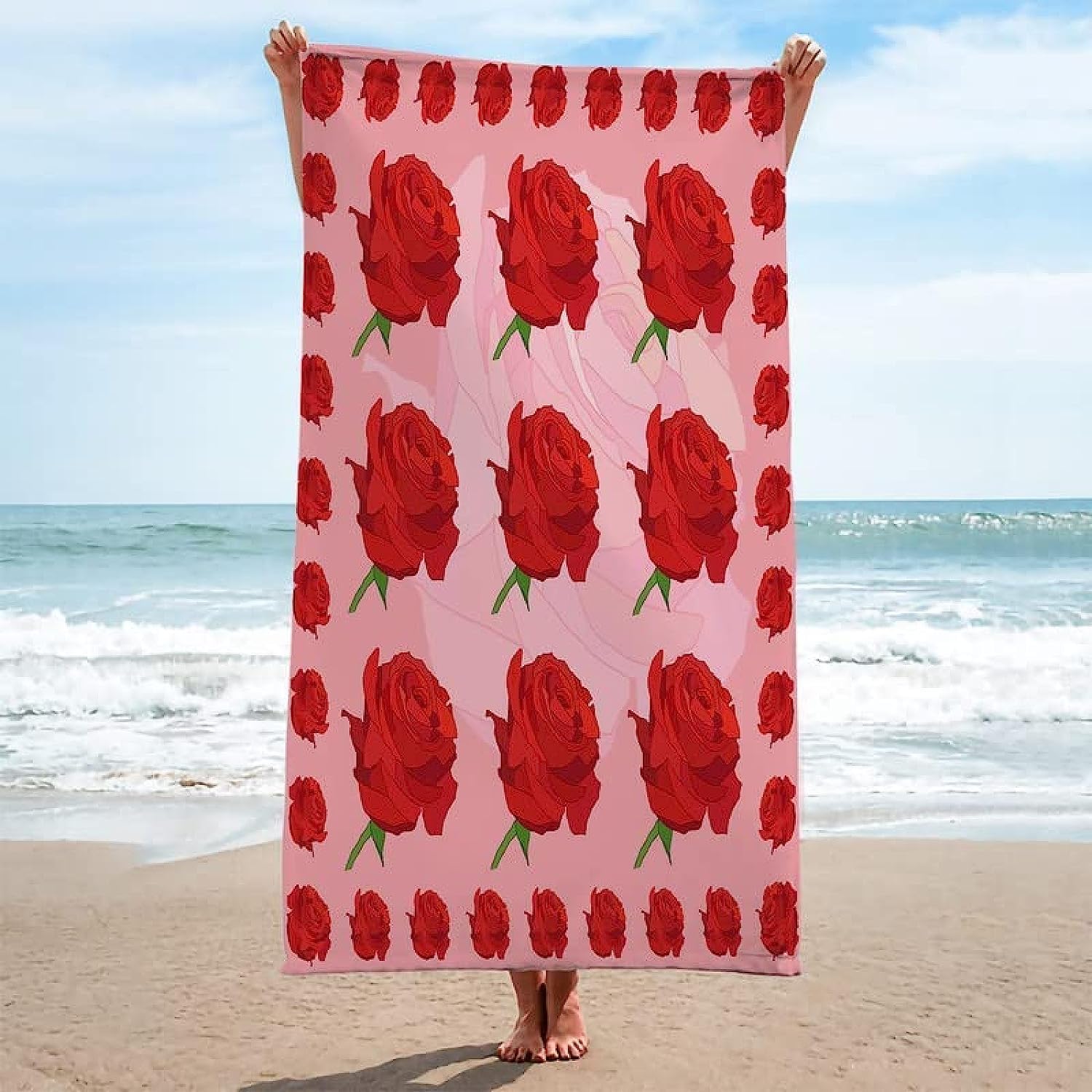 Serviette De Plage 3D, Séchage Rapide Microfibre Serviette De Bain, Fleur Rose Rouge Serviettes De Plage XXL 150 X 200 Cm, Voyages, Camping, Vacances, Femme Homme Enfant Drap De Plage -5L5N