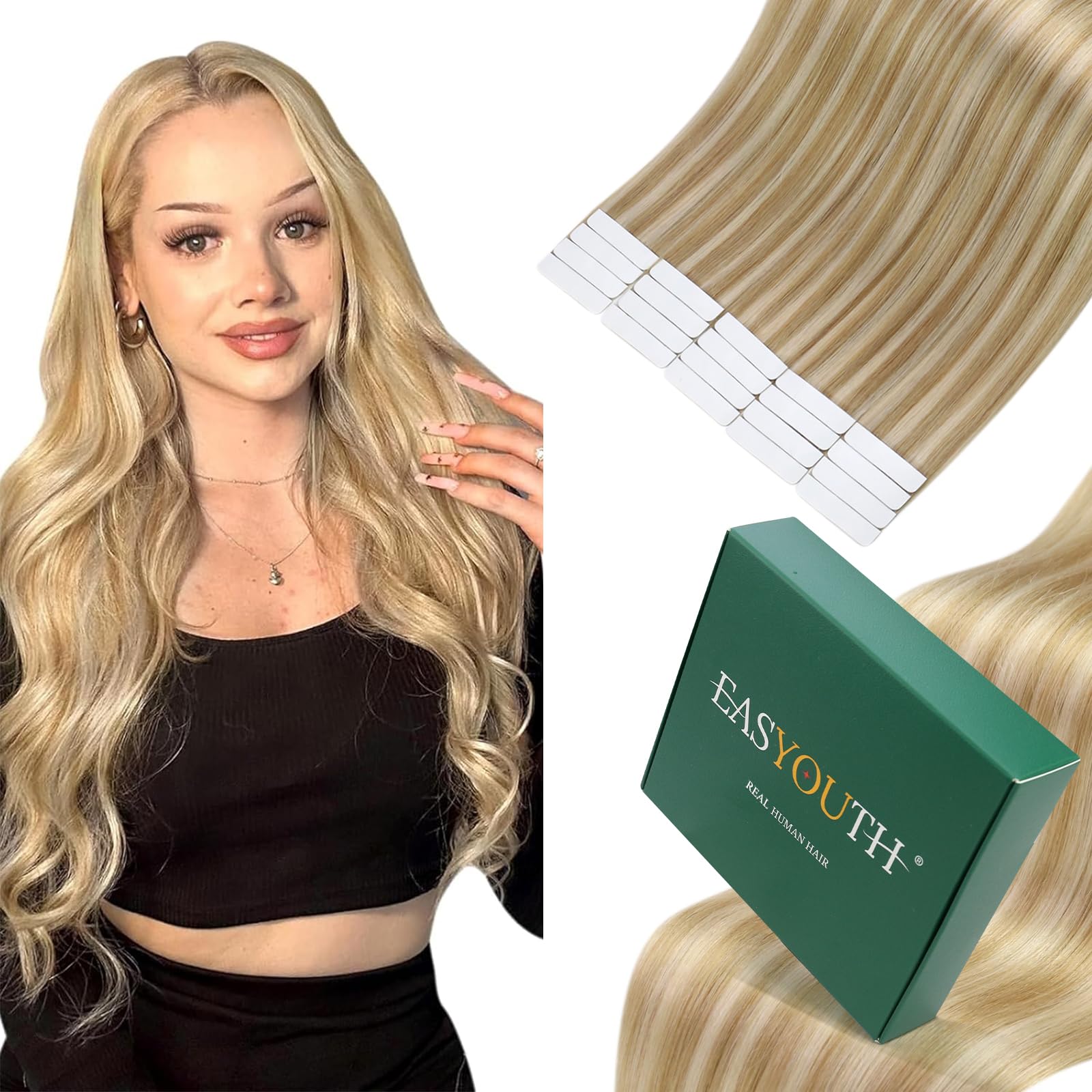 Easyouth Tape in Hair Extensions Remy Hair Highlight Tapes Extensions Human Hair Strawberry Blonde to Bleach Blonde Real Hair Extensions Tape in Glamorous Hair 22Inch 50g 20pcs