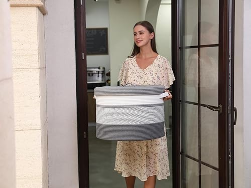 Miniatura 152 de Cesta de almacenamiento extra grande de 16 x 16 x 18 pulgadas con tapa, cestas de almacenamiento de cuerda de algodón, canasta de lavandería, Gris