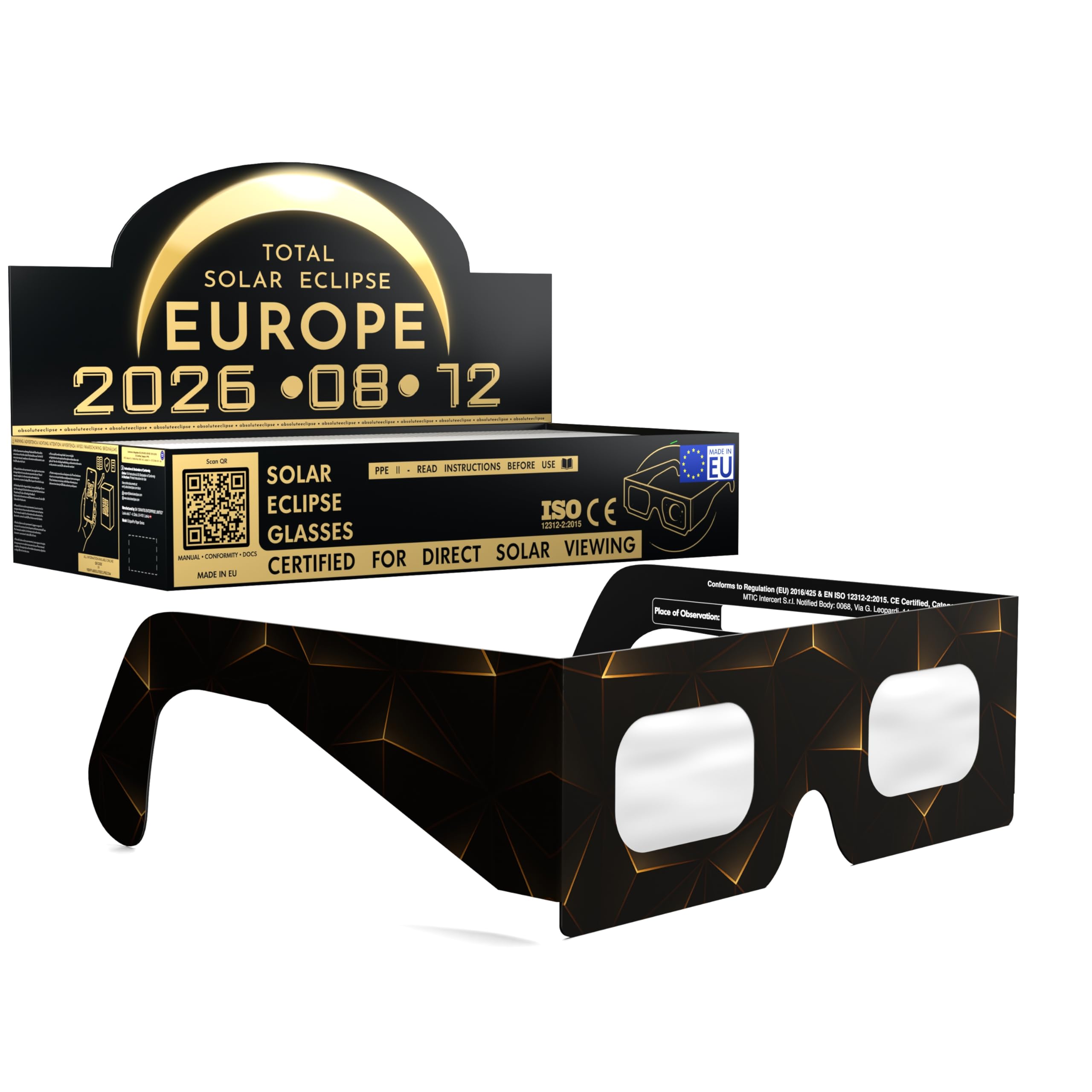 Absolute Eclipse Lunettes Eclipse Solaire 2026 pour Voir l'Éclipse - ISO 12312-2 CE Certifiées Homologuées - Lot de 100 Écoles - Design Goldline - Adultes Enfants - Fabricant Européen Reconnu AAS