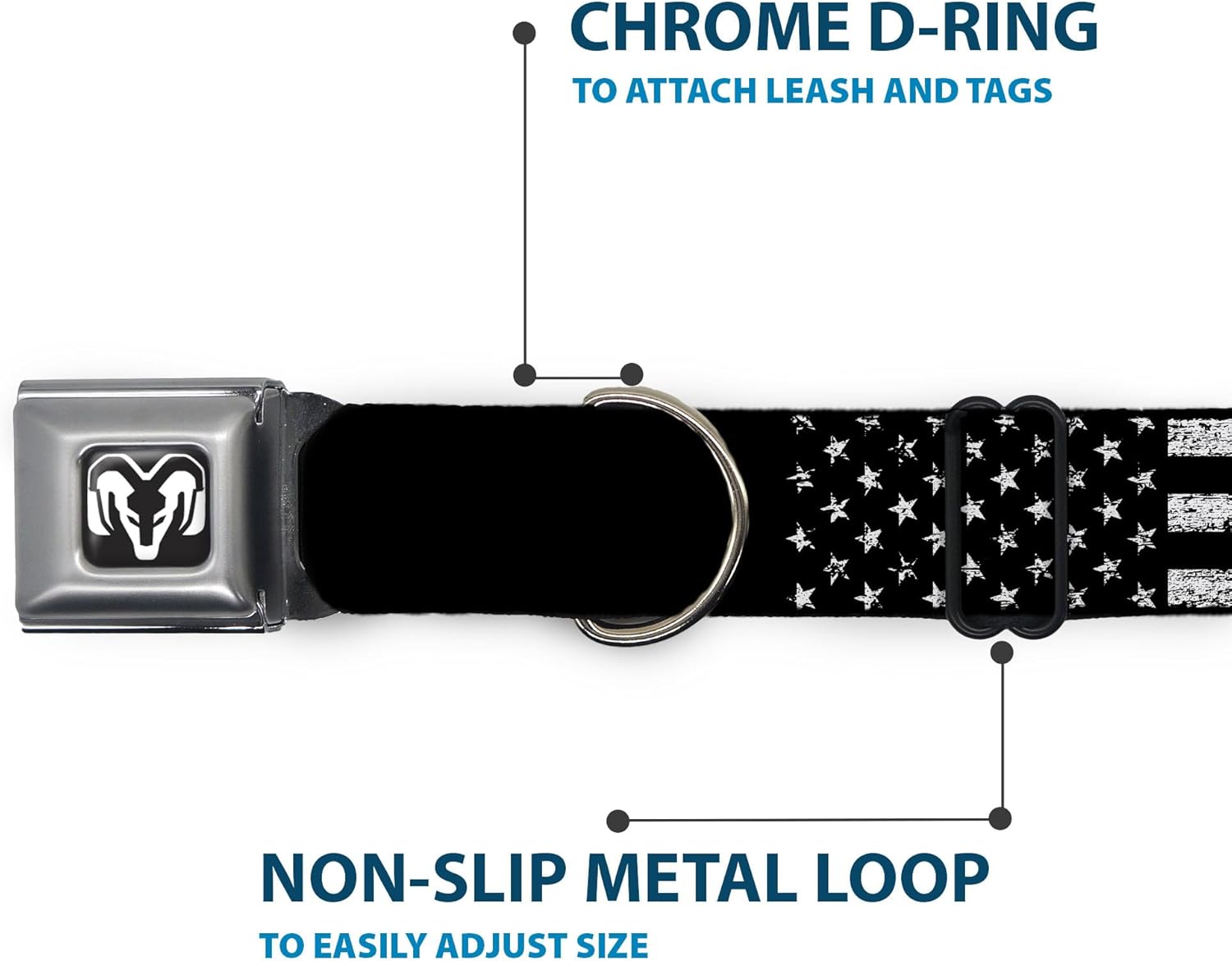 Dodge Pet Collar, Dog Collar Metal Seatbelt Buckle, Ram Text and Logo Americana Weathered Black White, 15 to 24 Inches 1.0 Inch Wide