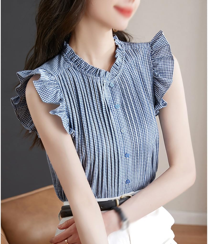 Plaid Shirt Women Ruffle Sleeveless Slim Age Reducing Tops