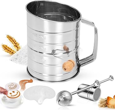 4 in1 Flour Sifter Stainless Steel, 3 Cup Flour Sifter for Baking, Sifter for Baking with Powdered Sugar Duster Set, Flour Shaker Duster for Baking Cakes, Pies, Pastries, Desserts and Cupcakes 3 Cup